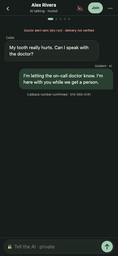 The Guident Phone app showing a live call as a chat, with the AI taking a patient's request and a private box to steer it